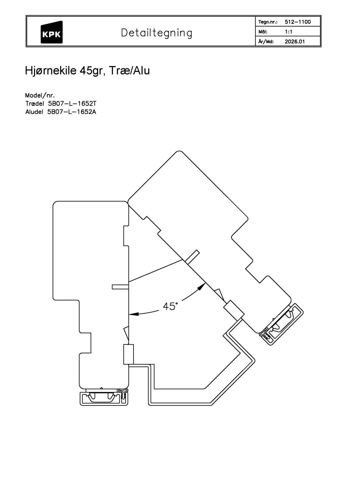 512 1100 Hjørnekile Træ Alu 45 grader 512 1100 Hjørnekile Træ Alu 45 grader