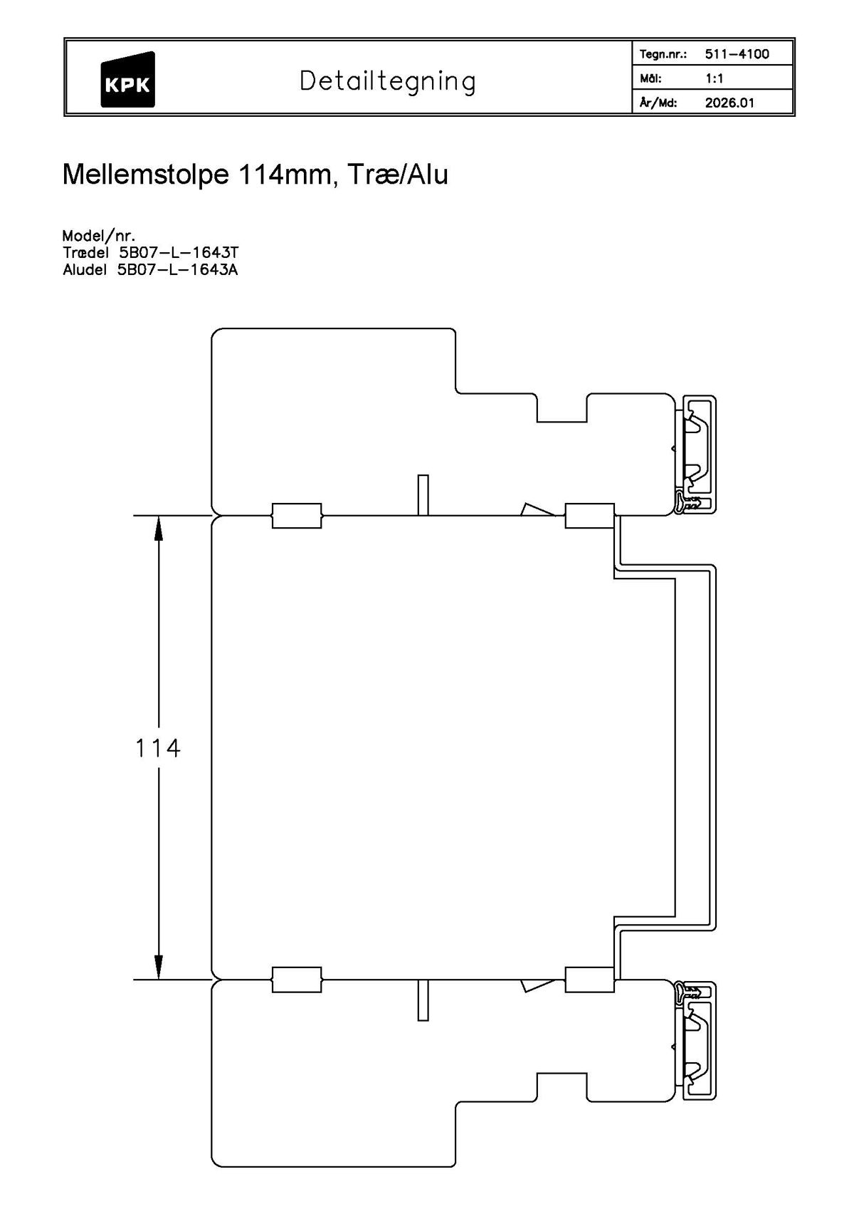 511 4100 Mellemstolpe 114mm Træ Alu 511 4100 Mellemstolpe 114mm Træ Alu